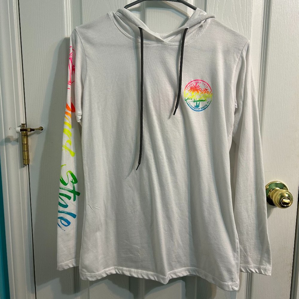 Long Sleeve White Tee with Neon Design and Hood